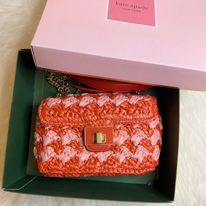 Kate Spade Evelyn Striped Crochet Raffia Small Shoulder Straw Crossbody Pink New